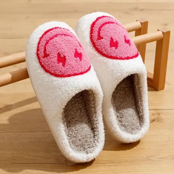 Womens Cute Lightning Smile Slippers Fluffy Winter Slides Pink