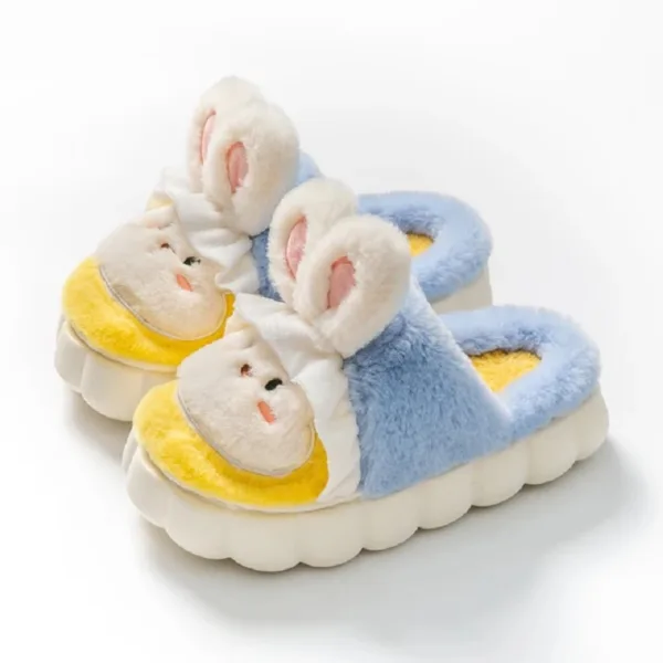 Womens Thick Soled Plush Rabbit Fur Slippers Yellow Blue jpg