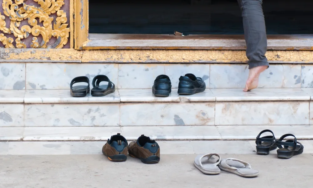 Shoes left before entering a temple